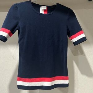 CAbi Navy Blue Sweater Tee with Red and White Stripes